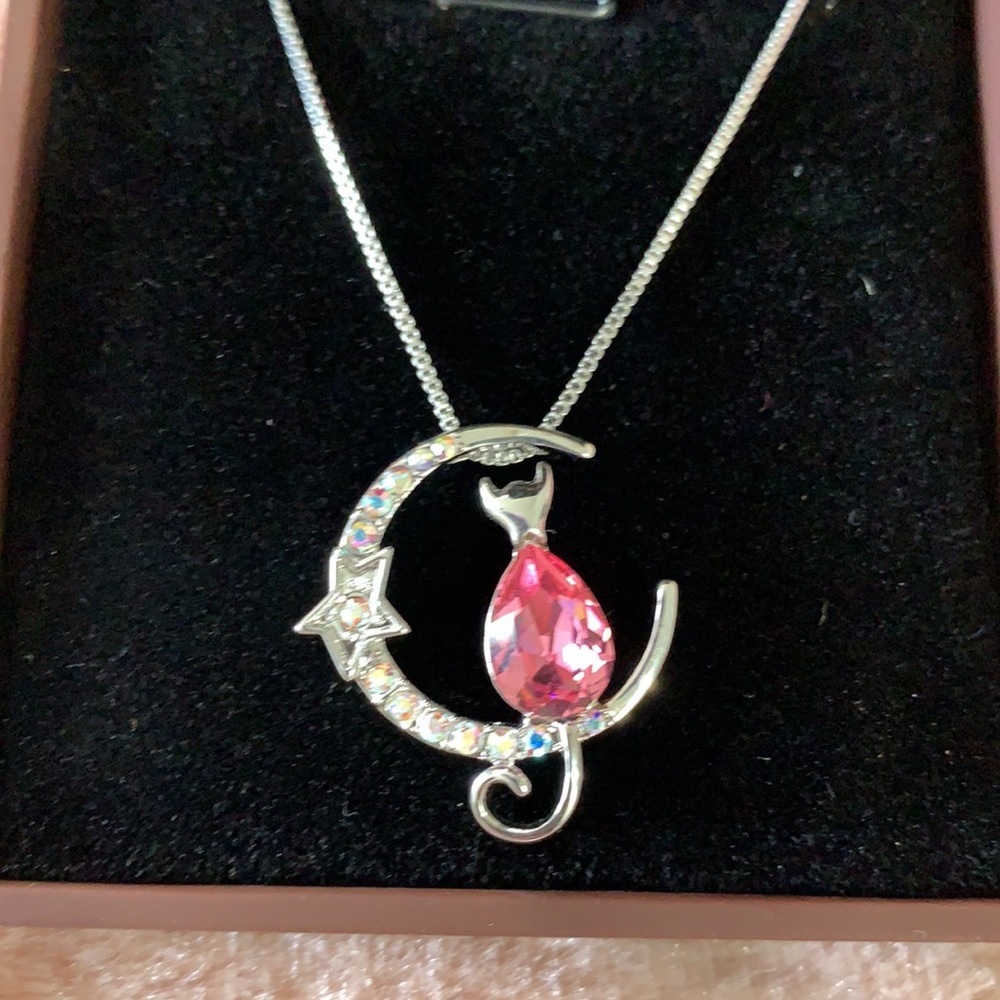 Cat on a Crescent Moon Pendant Necklace - Picture 4 of 11